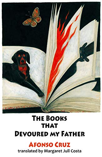 Book cover with open book, dog, butterfly, and fiery imagery.