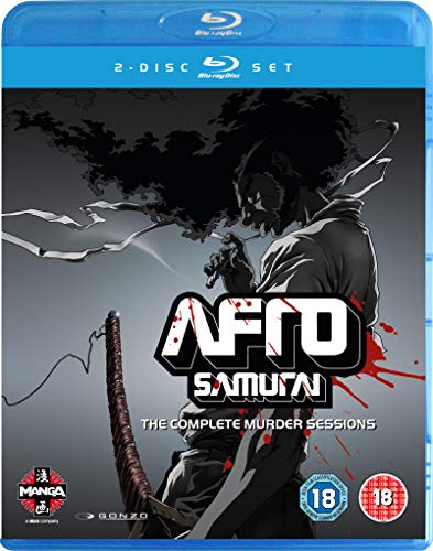 Afro Samurai anime Blu-ray cover featuring a stylized character with an afro and sword.