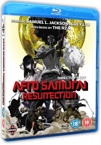 Afro Samurai Blu-ray cover featuring characters with swords and a golden backdrop.