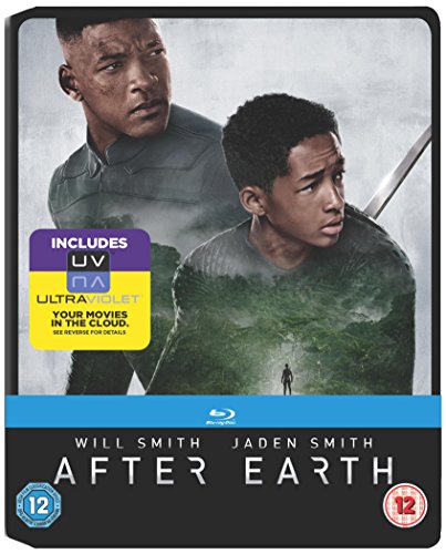 "After Earth" Blu-ray cover featuring Will and Jaden Smith against a misty background.