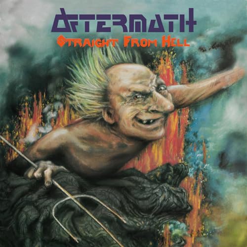 Album cover: distorted face with green hair against a fiery, smoky background.