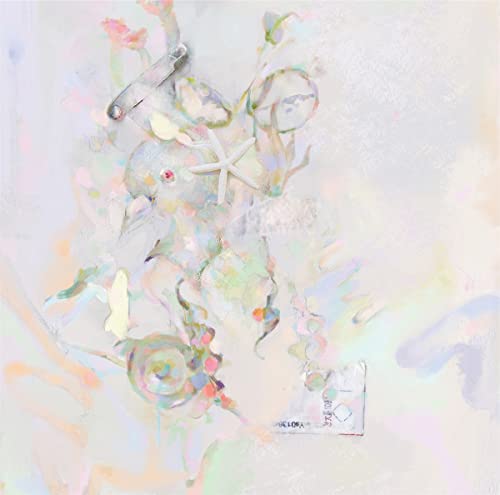 Abstract pastel painting with bicycle parts and seashell imagery.