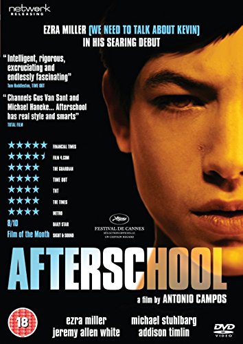 DVD cover for "Afterschool" featuring Ezra Miller’s close-up portrait.