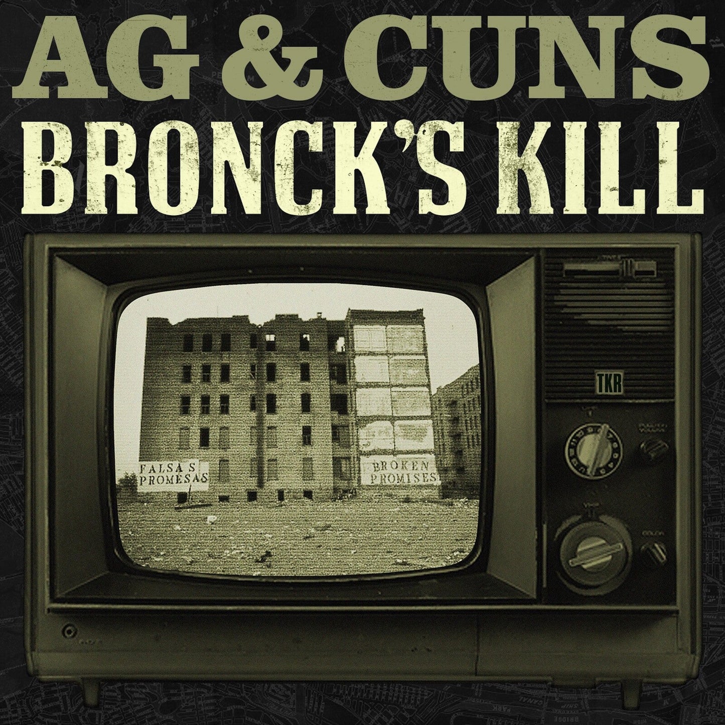 Album cover for AG & Cuns’ “Bronck’s Kill” featuring a building in a TV screen.