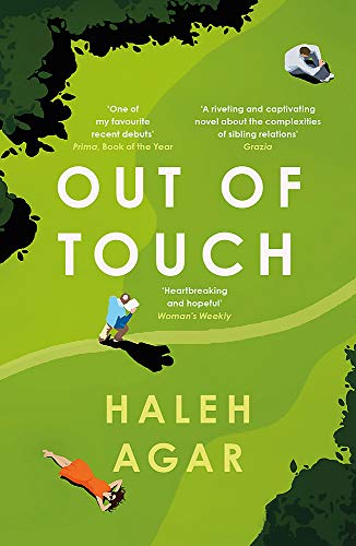 Book cover: green field, figures, bold white text "OUT OF TOUCH" and author name.