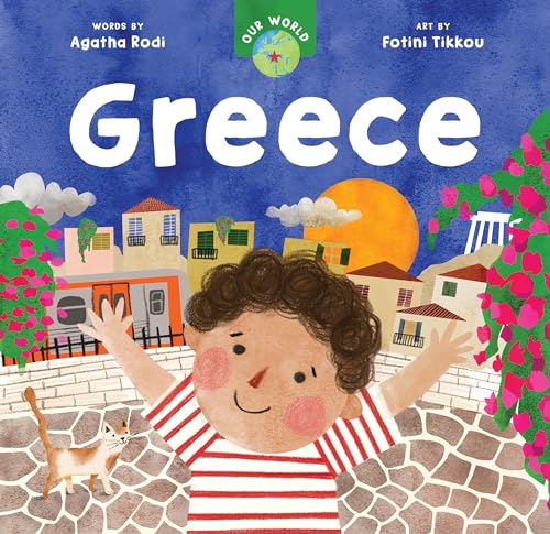 Book cover illustration of a child in a striped shirt in a Greek town.