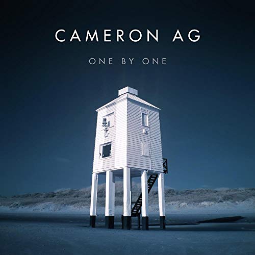 A white stilt house stands on a dark, moody beach under a blue sky.