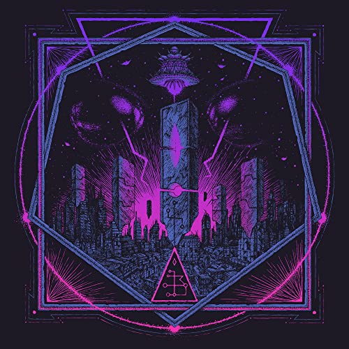 CD cover: UFO over a futuristic city with geometric neon designs.