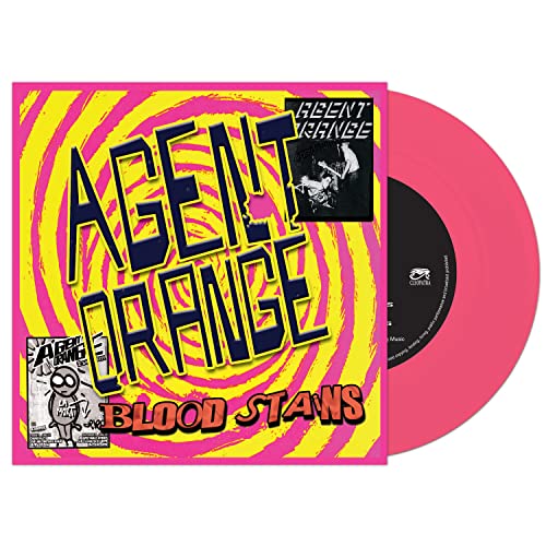 Pink vinyl record with colorful, swirling cover art and band name "Agent Orange".