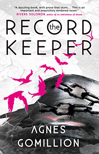 Book cover: "The Record Keeper" with birds, chains, and cracked texture.