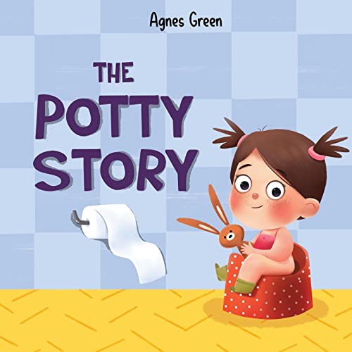 A little girl with pigtails sits on a red potty holding a toy rabbit.