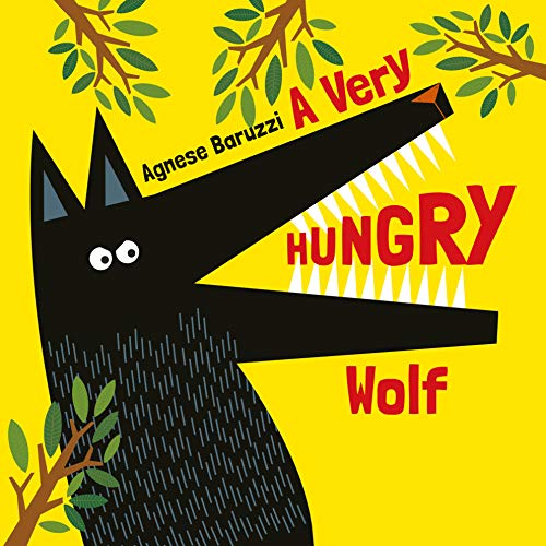 Black wolf with open mouth and sharp teeth on yellow background.