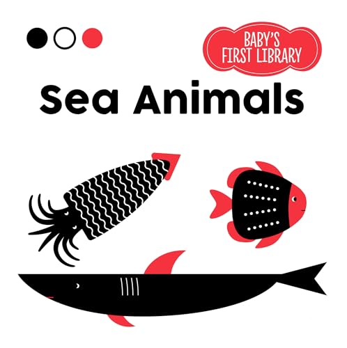 Black and red illustrated sea animals: octopus, fish, and shark.