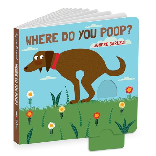 Children’s book cover with a cartoon dog squatting in a field.