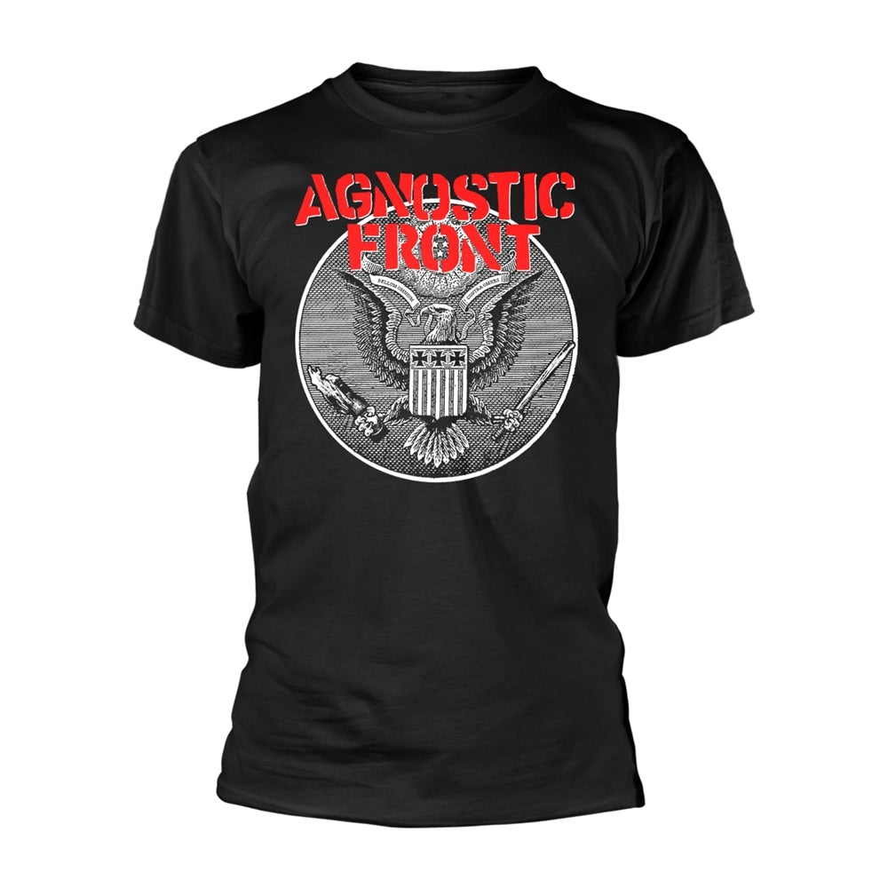 Black t-shirt with red "Agnostic Front" text and eagle graphic.