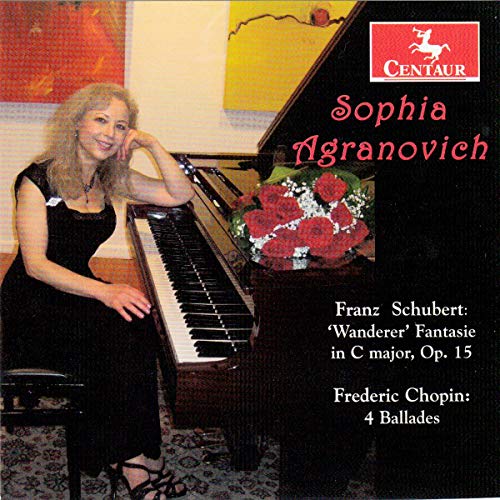 Sophia Agranovich at a piano with flowers, CD cover for Schubert & Chopin.