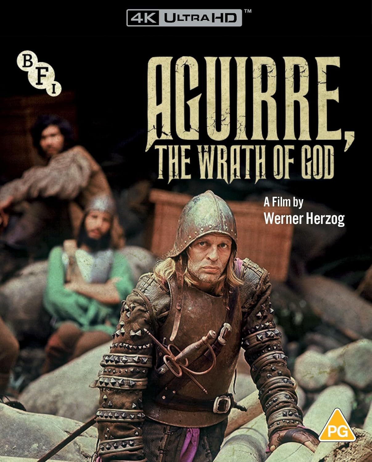 Klaus Kinski in armor as Aguirre, with other figures in the background.