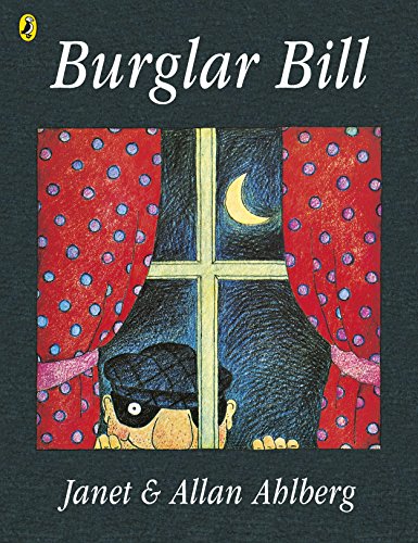 Book cover: Burglar Bill, a bear wearing a mask, peeking through a window.
