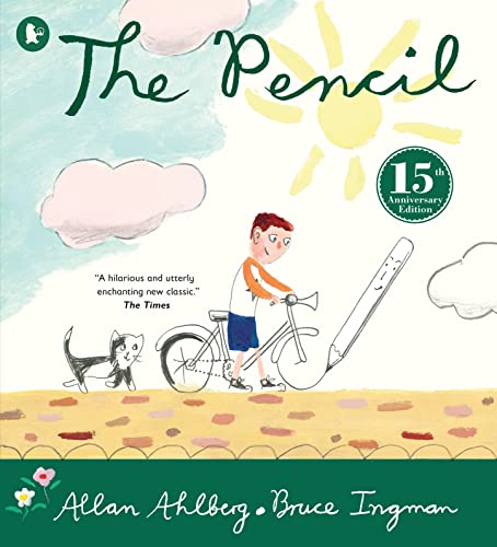 Book cover illustration of a boy on a bicycle with a giant drawing pencil.