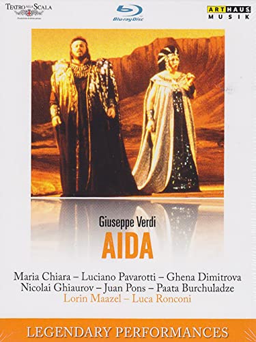 Blu-ray cover for Verdi’s opera Aida, featuring costumed performers.