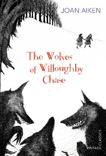 Book cover with two girls walking in snow, surrounded by three large, menacing wolves.