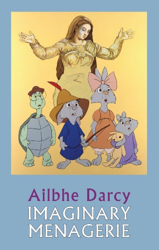 A woman stands behind four cartoon animals, including a turtle and three rabbits.