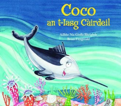 Illustration of a smiling swordfish swimming above colorful coral reef plants.