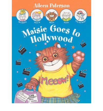 Book cover: orange cat Maisie with a suitcase, Hollywood film clapperboards.