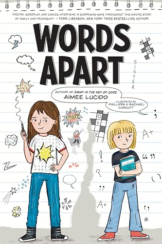 Book cover: two young girls with doodles and the title "Words Apart".