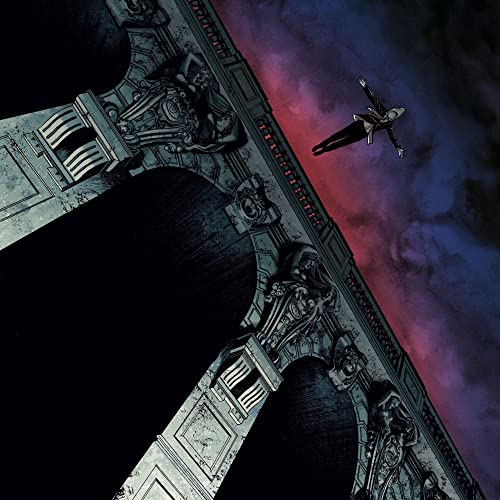 Figure falling from ornate building against a dramatic red and blue sky.