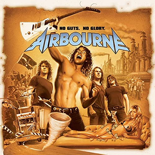 Album cover for Airbourne’s “No Guts, No Glory” featuring band members and artwork.