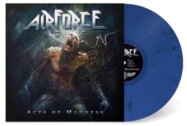 Airforce āActs Of Madnessā vinyl record with marbled blue disc and cover art.
