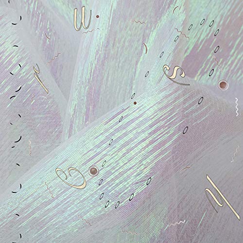 Iridescent vinyl record cover with scattered letters and abstract lines.