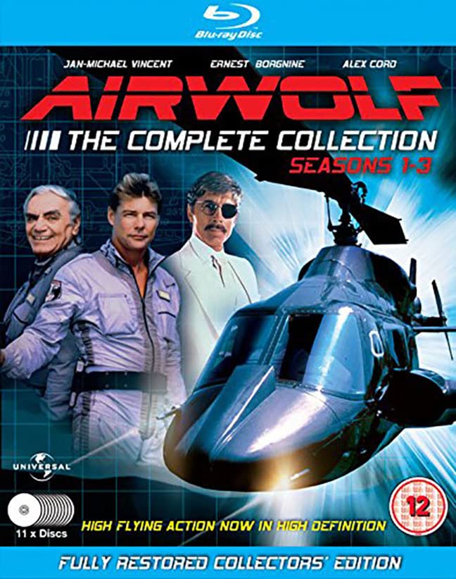 Blu-ray cover for Airwolf seasons 1-3 featuring the three main actors and the helicopter.