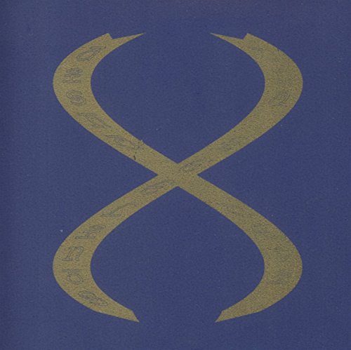 A gold infinity symbol shape on a dark blue background with faint text.