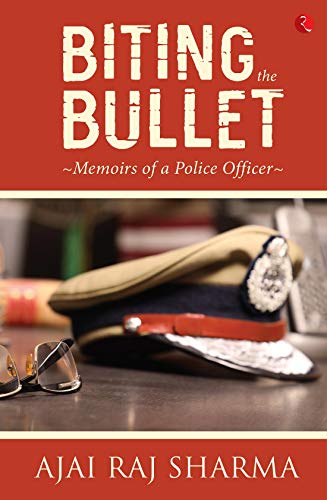 Book cover: “Biting The Bullet” with a police hat and glasses.