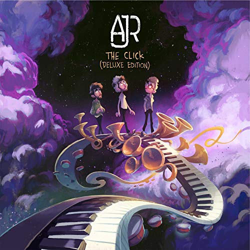 AJR album cover: three men standing on a piano with horns.