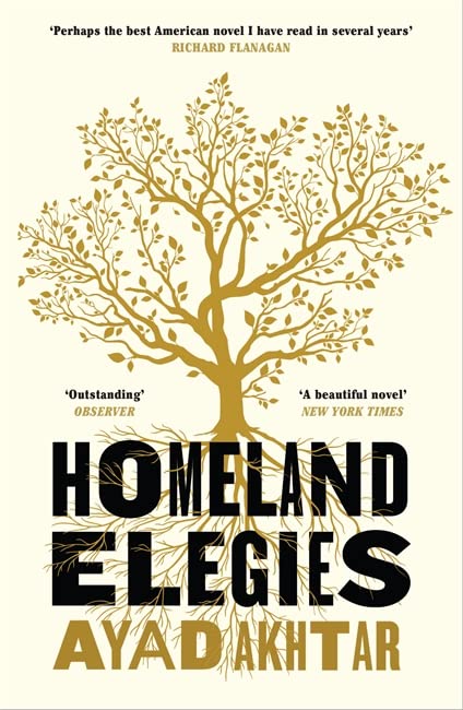 Book cover: "Homeland Elegies" by Ayad Akhtar, featuring a golden tree.