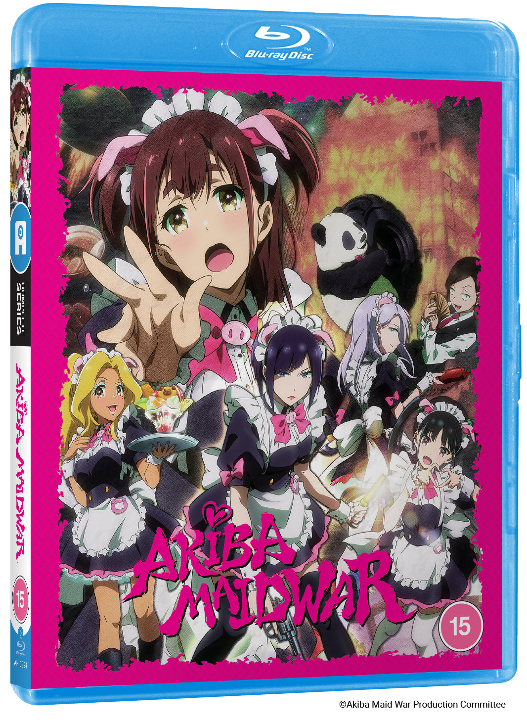 Blu-ray cover for "Akiba Maid War" featuring anime characters and a panda.