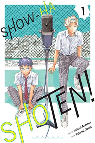 Manga cover with two young men and a vintage microphone.