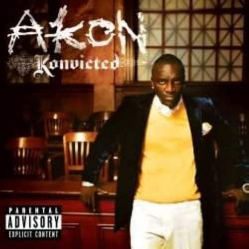 Akon album cover, “Konvicted,” featuring the artist in a courtroom setting.