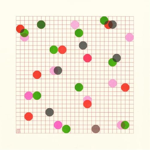 Album cover with overlapping colored circles on a grid background.