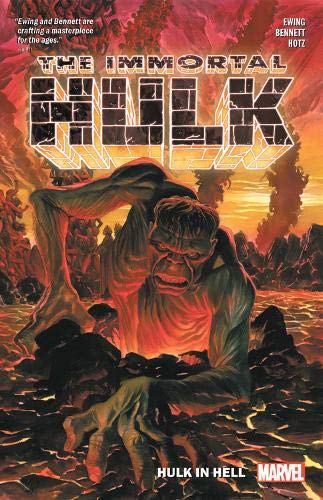 The Immortal Hulk emerges from a fiery, hellish landscape on this comic book cover.