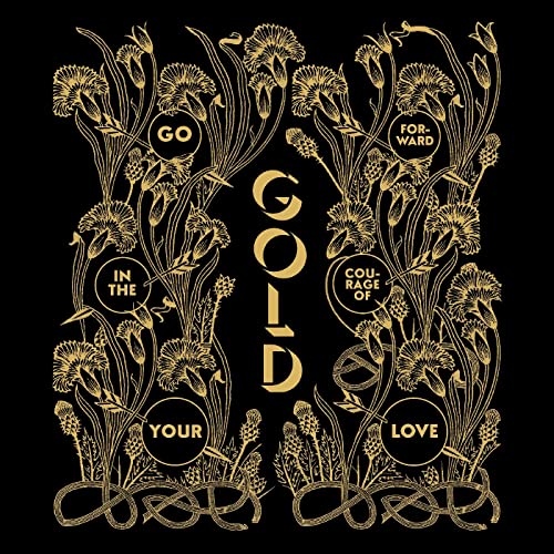 Gold vinyl record cover with ornate floral design and text.
