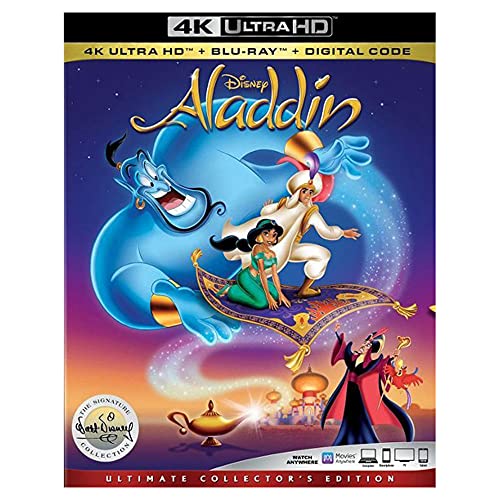 Aladdin Blu-ray cover featuring Genie, Jasmine, and Aladdin on a magic carpet.