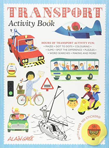 Children's activity book cover with colorful illustrations of various vehicles.