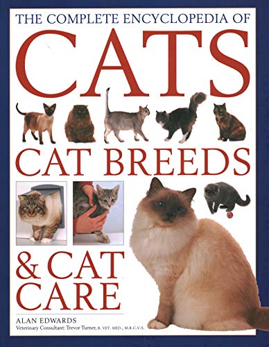 Colourful encyclopedia book cover featuring cats and cat breeds with detailed text and images.