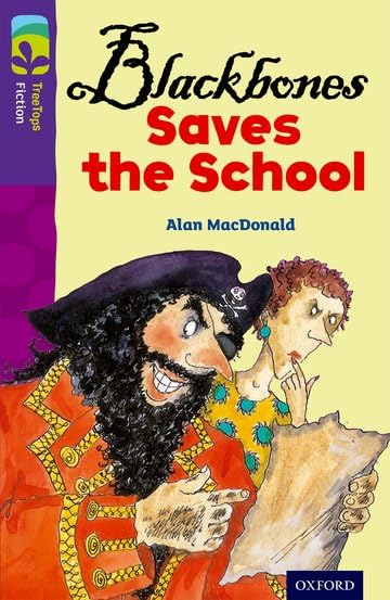 Book cover: pirate and girl, titled “Blackbones Saves the School.”