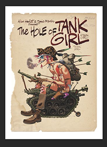 Tank Girl character with weapons atop a tank, distressed paper background.