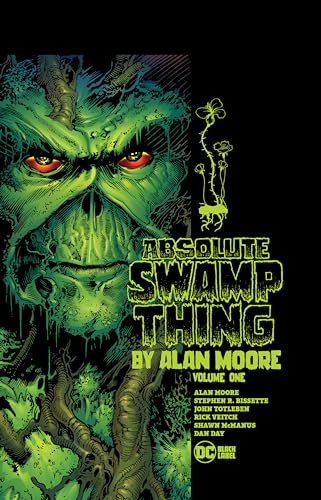 Close-up of green Swamp Thing’s face with red eyes, book cover.
